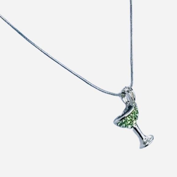 Lia Sophia Green Rhinestone Sparkle Martini Glass Silver Metal Chain Necklace - Picture 5 of 9
